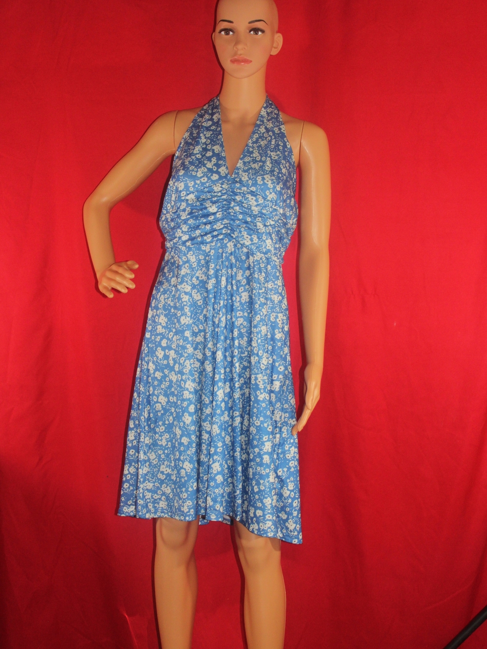 Blue Floral Halter Summer Dress